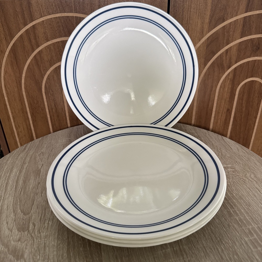 Set of 4 Corelle Classic Cafe Blue Dinner Plates Nautical Stripe 10.25" Vintage